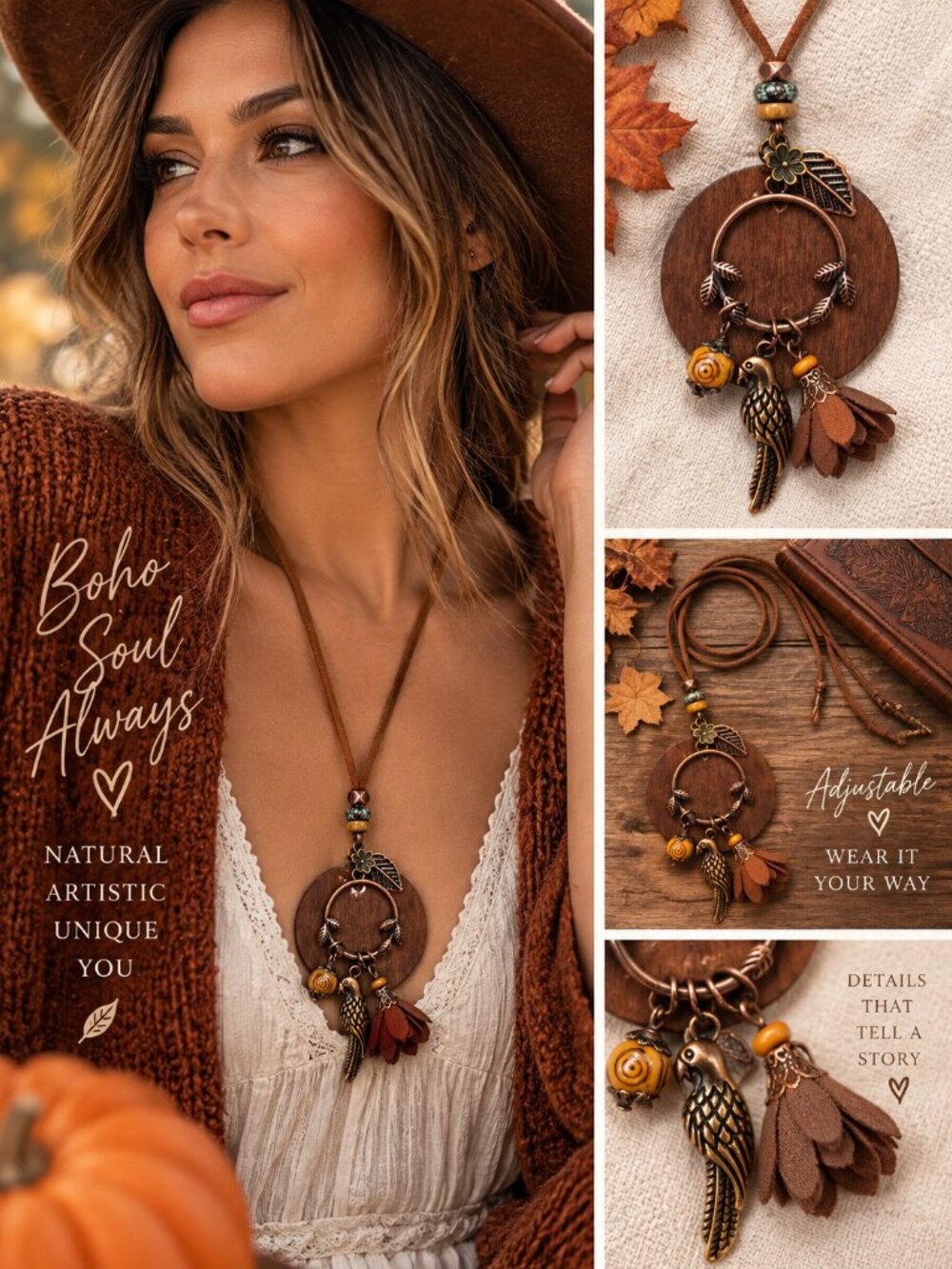 Boho Bird Necklace Long Wood Pendant Adjustable Cord Leaf Charm Fall Artisan